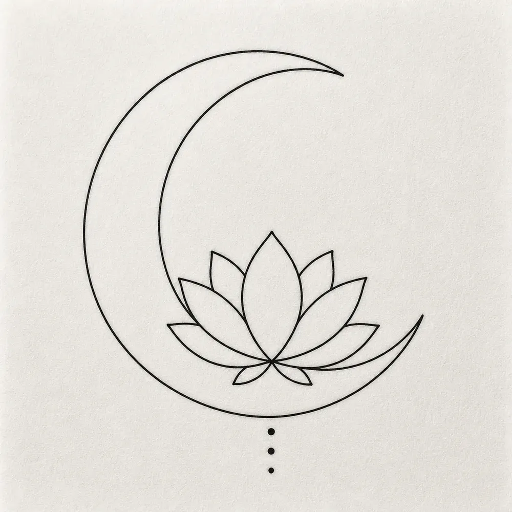 A thin crescent moon holding a small open lotus inside its lower curve, with three small dots in a line beneath.