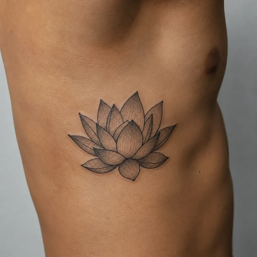 A dotwork lotus with stippled pointed petals, tattooed on the side of a lean man's ribcage, the skin a warm medium tan.