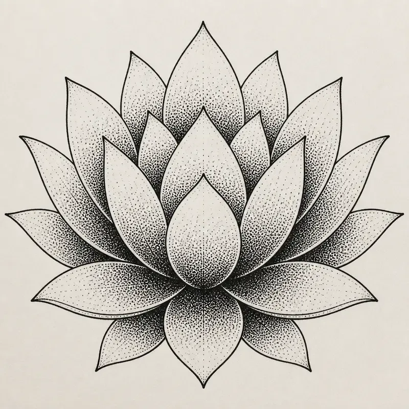 A front-facing lotus with layered pointed petals, each one stippled in black dots, dense at the base and fading to the tips.