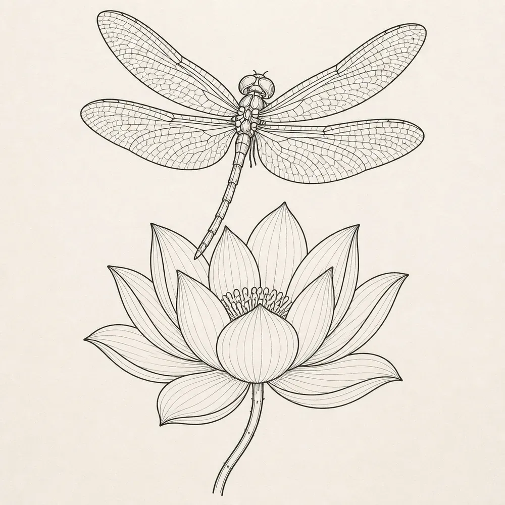 A dragonfly with finely netted wings hovering over an open lotus with veined petals, the bloom on a short curving stem.