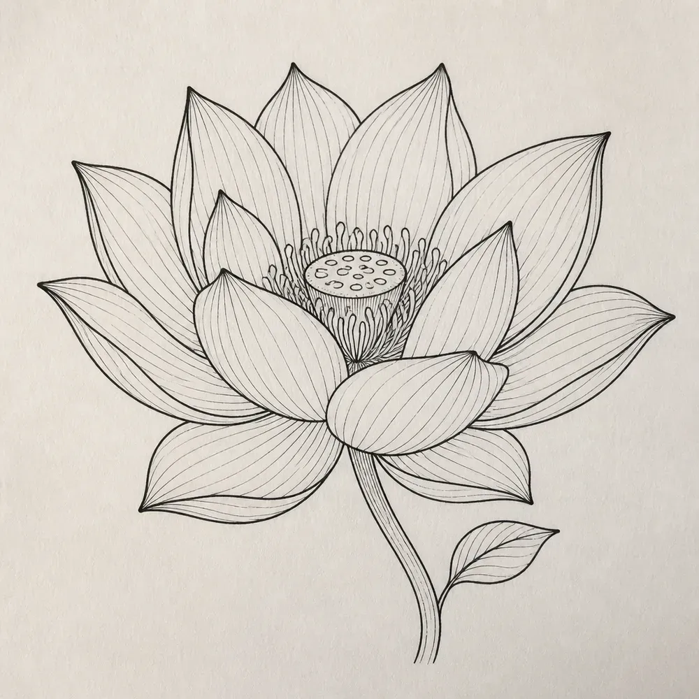 A single open lotus in fine black line, veined petals around a seed-pod centre, on a curved stem with one small leaf.