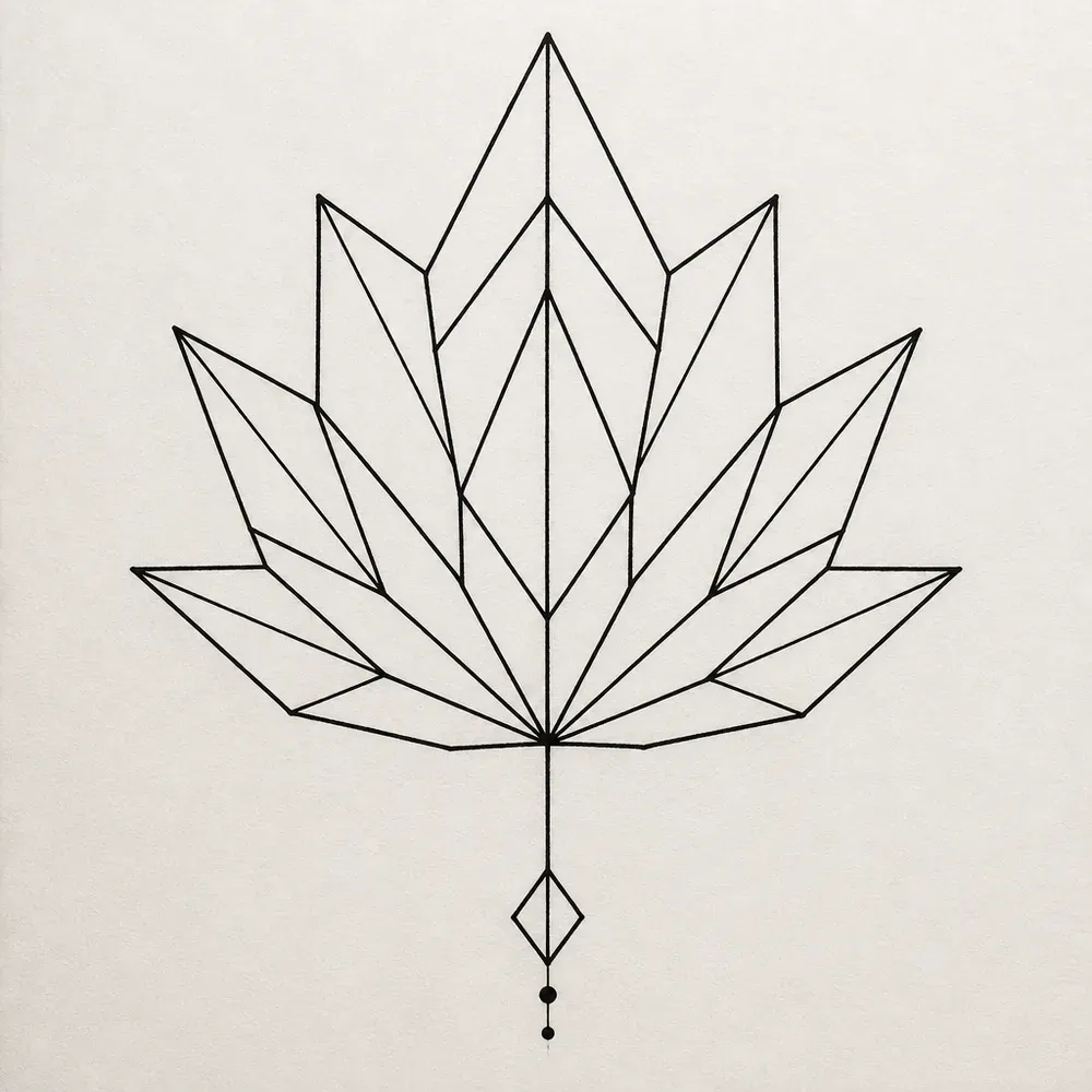 A lotus built from straight ruled lines, faceted pointed petals split into triangles above a thin line ending in a diamond and dots.