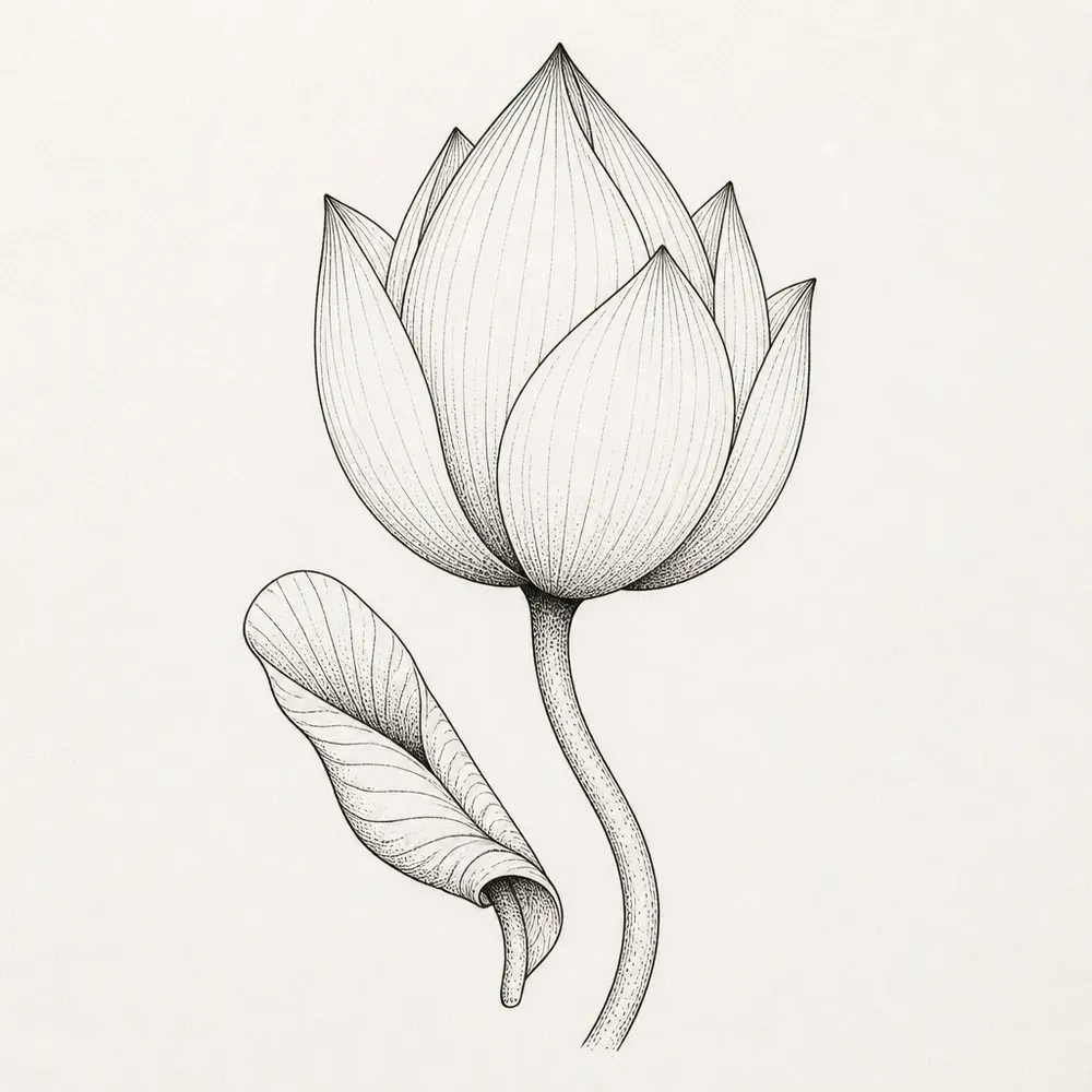 A half-open lotus bud with outer petals peeling back, fine stippling at the petal bases, beside a rolled young leaf on a curved stem.