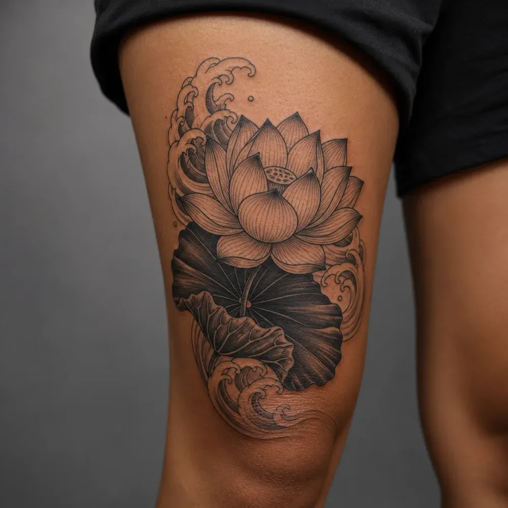 A Japanese style lotus over a ruffled black leaf and curling waves, tattooed on the front of the thigh above the knee on medium brown skin.