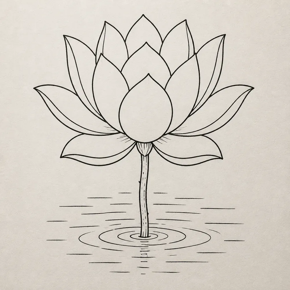 An open lotus on a straight stem rising out of broken horizontal water lines, with rings spreading where the stem meets the surface.