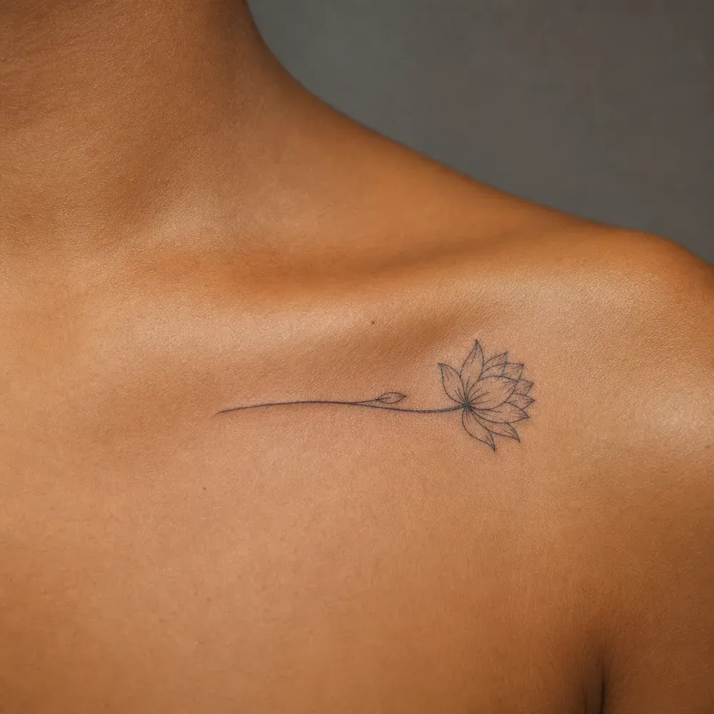 A small fine-line lotus at the end of a long thin stem, laid along the collarbone of warm brown skin below the shoulder.