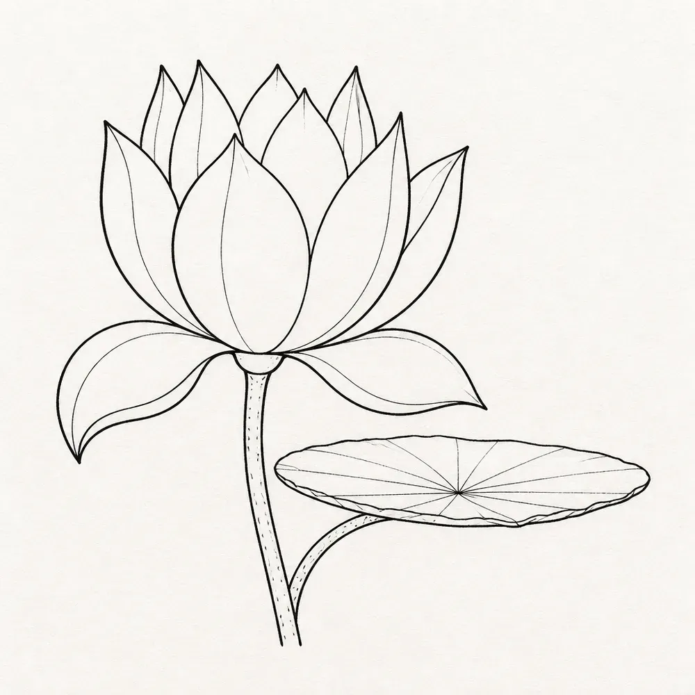A lotus in side profile, a cup of upright pointed petals with two curling outward, beside a flat round leaf seen edge-on.