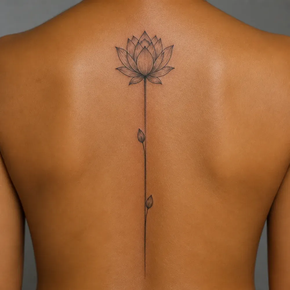 A fine-line lotus between the shoulder blades on a long thin stem with two small buds, running down the spine of medium brown skin.