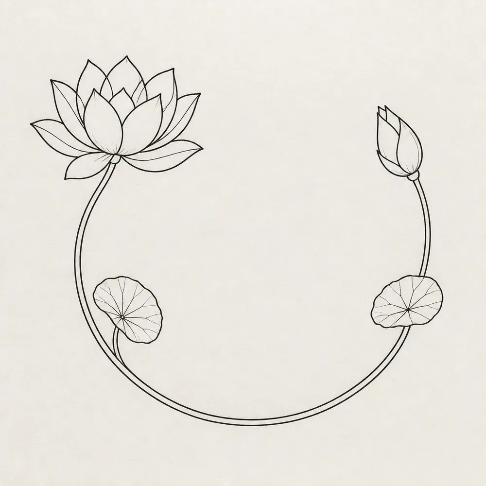 A thin lotus stem bent into an open ring, an open bloom at one end, a closed bud at the other and two round leaves on the curve.
