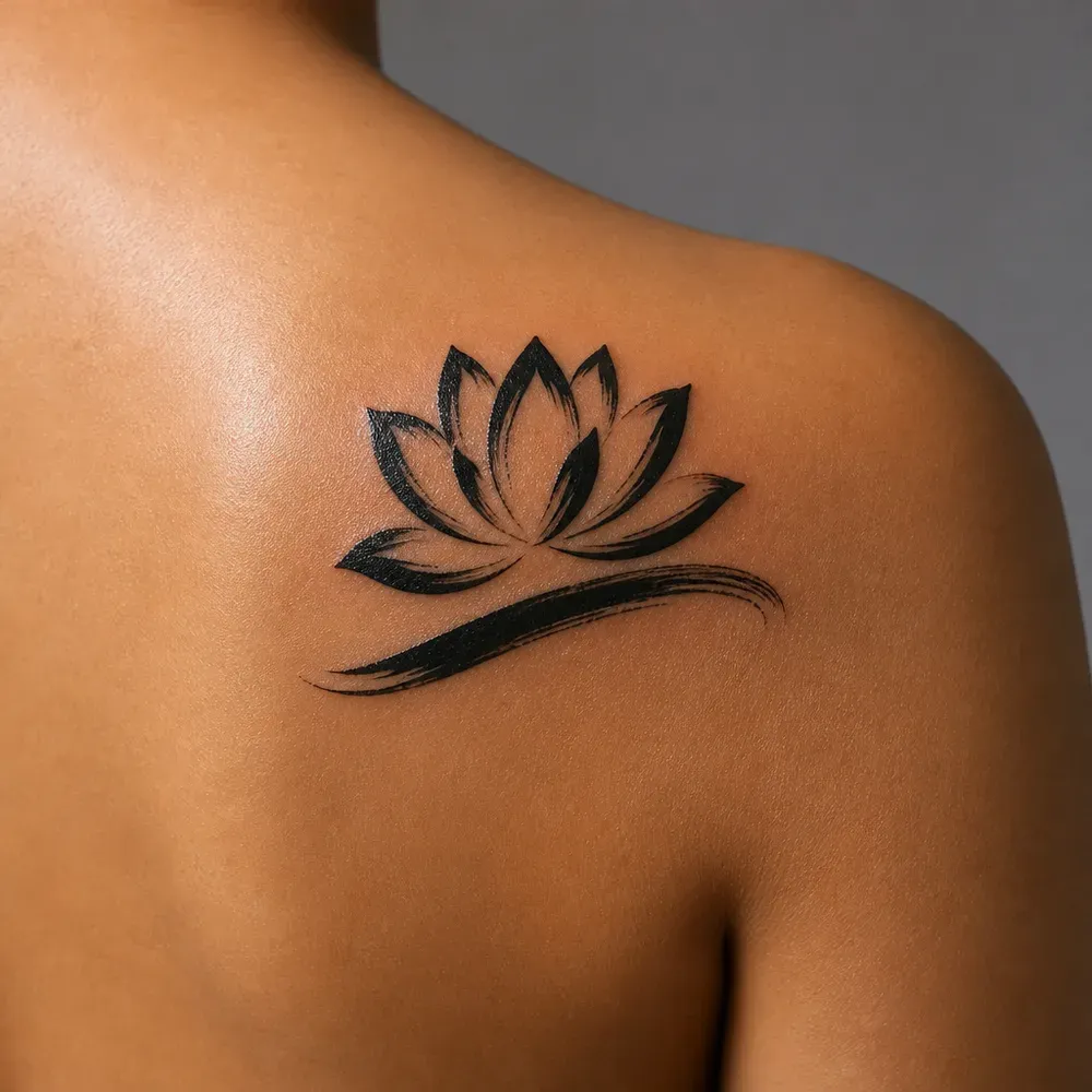 A black brush-stroke lotus above one broad sweeping leaf stroke, tattooed over the shoulder blade of medium brown skin.