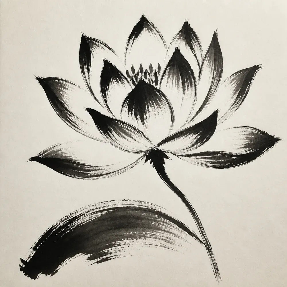 A lotus painted in black ink brush strokes, tapered petals with dry-brush ends over one broad sweeping leaf stroke.
