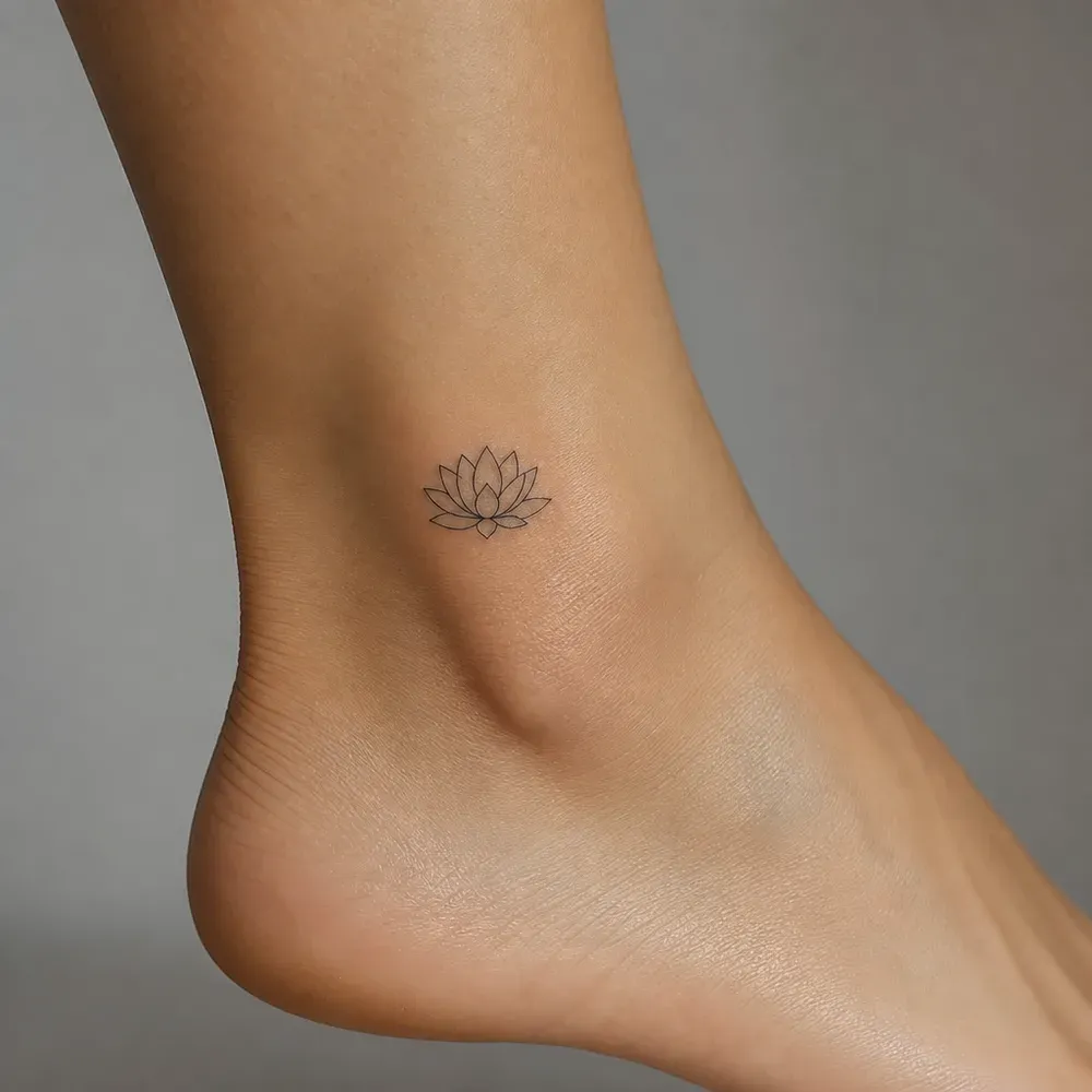 A tiny fine-line open lotus tattooed just above the ankle bone on the outer ankle of light morena skin with a golden tan.