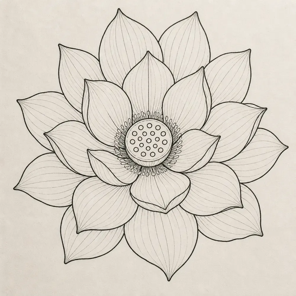 A lotus seen from directly above, rings of veined pointed petals radiating around a round seed pod dotted with seed holes.