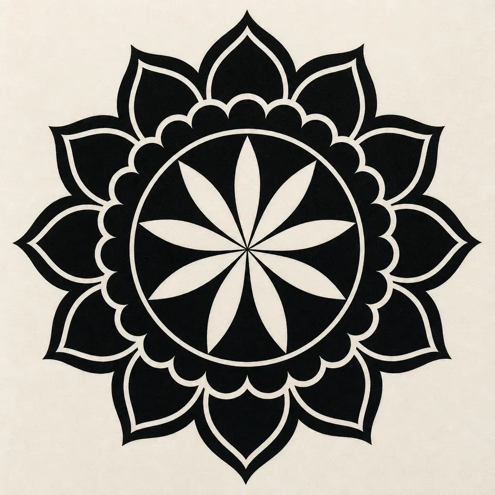 A bold blackwork mandala: eight bare petals on a solid black disc, a black scalloped ring, and a ring of thick black outer petals with a bare line inside each.