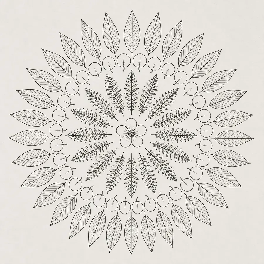 A mandala made of plants: a five-petalled flower at the centre, a ring of fern fronds, a ring of small round leaves and an outer ring of veined pointed leaves.