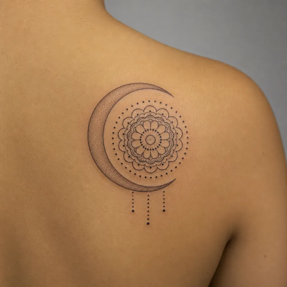 A stippled crescent moon around a round dotted mandala, with three dotted strands below, tattooed on the shoulder blade of light warm tan skin.
