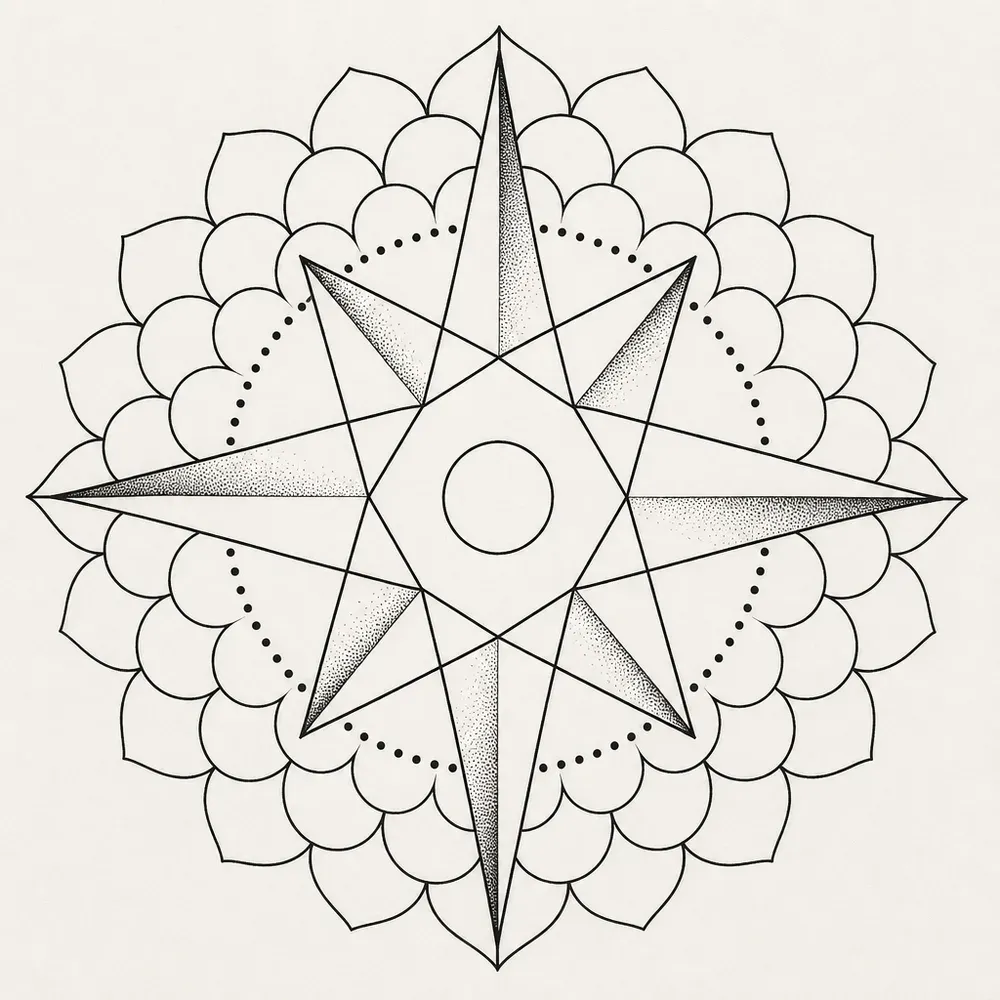 A long eight-pointed star with one stippled facet on each point, laid over a dotted ring and two rings of rounded petals, an open circle at its centre.
