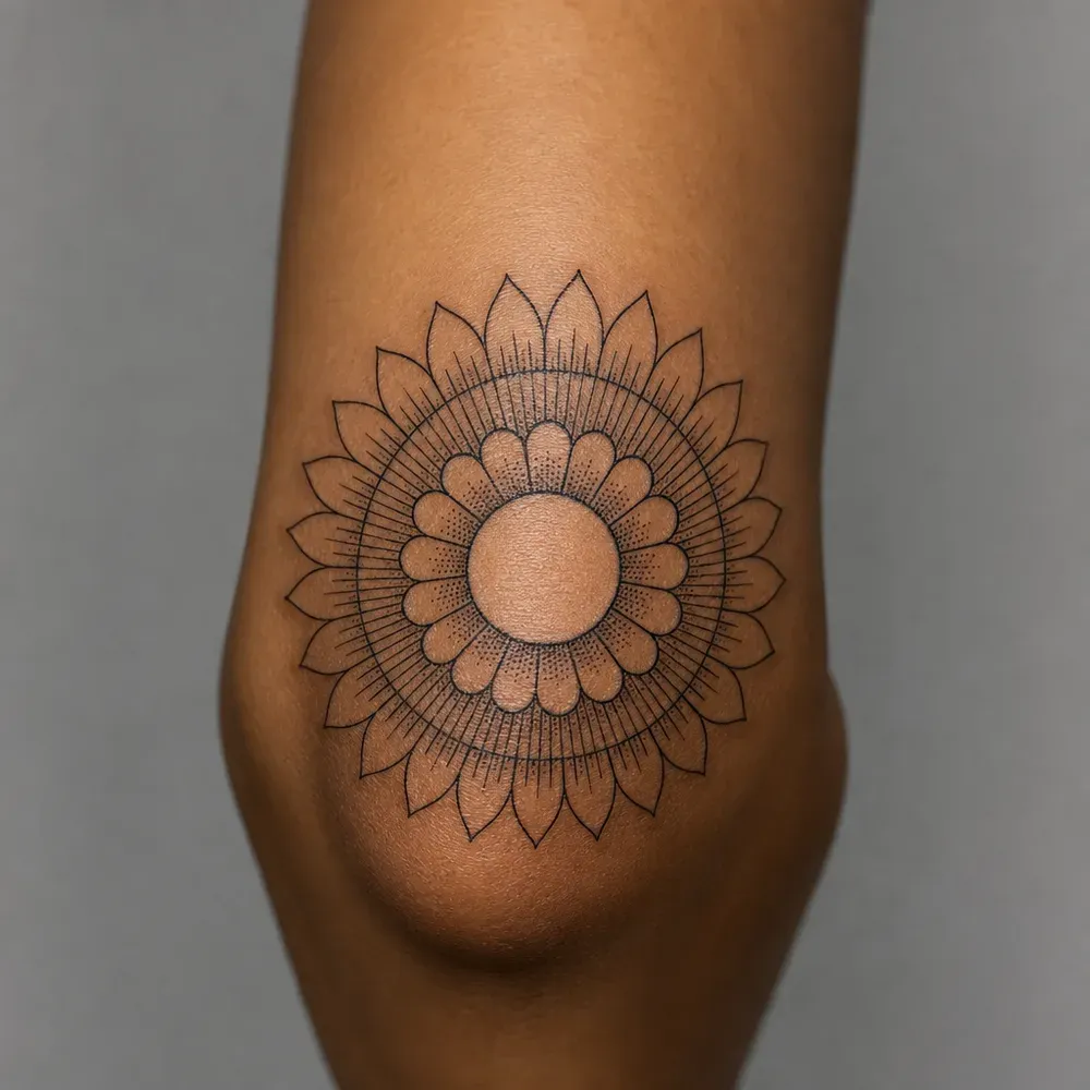 A round fine-line mandala with an empty centre and stippled petals, tattooed on the back of the arm just above the elbow, on warm brown skin.