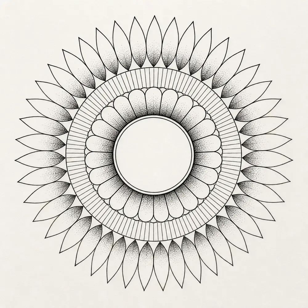 An empty circle ringed by rounded petals with stippled bases, a band of fine radiating lines and an outer ring of long pointed petals, drawn for the elbow.