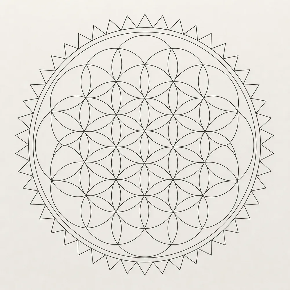 A flower of life pattern of overlapping equal circles inside a double ring, edged all round with a band of small outward-pointing triangles.