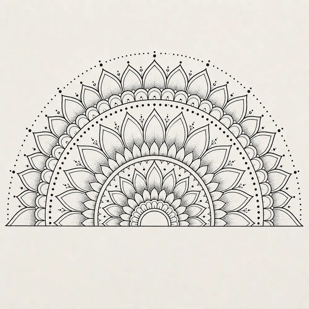 The top half of a round mandala on a straight base line, three bands of pointed petals with stippled bases fanning out under an arc of dots.