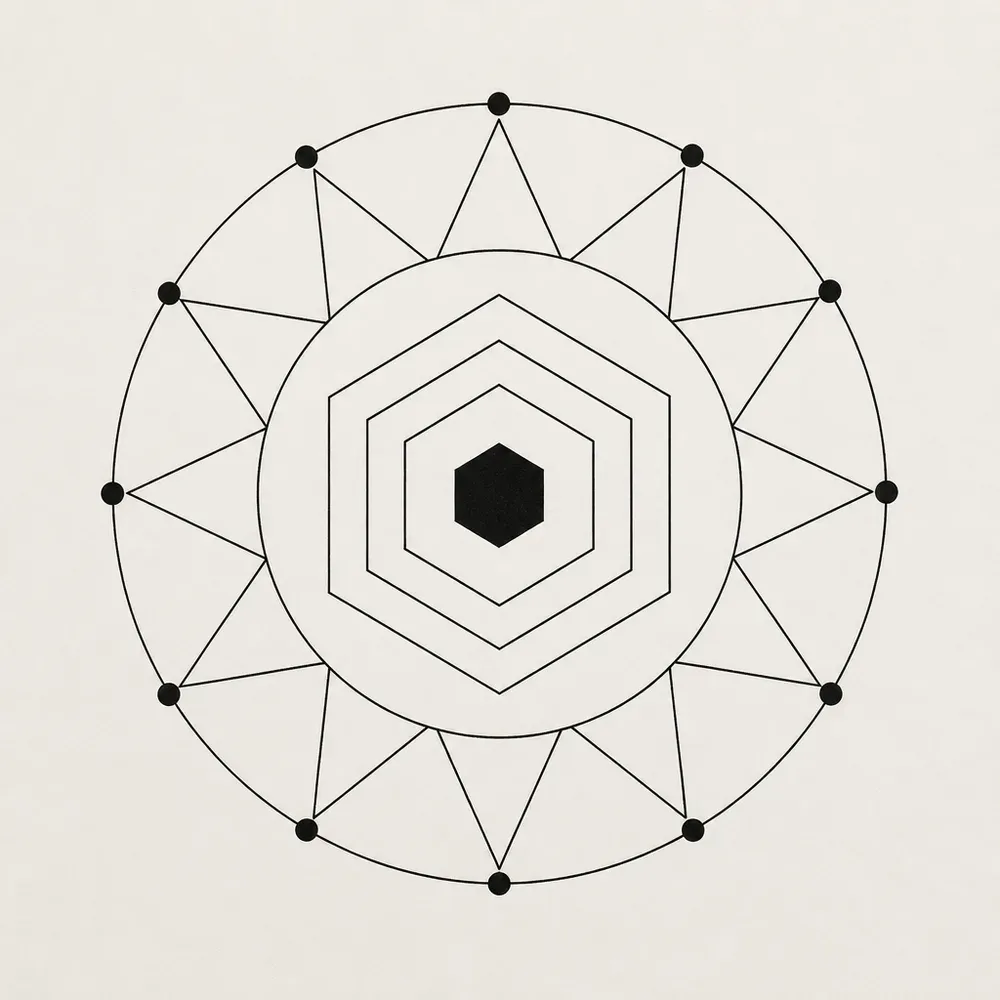 A solid black hexagon inside three nested hexagon outlines, set in a circle ringed by twelve thin triangles with a black dot at each tip.
