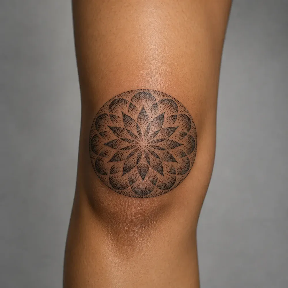 A round dotwork mandala of stippled pointed petals inside a ring of rounded petals, tattooed over the kneecap on medium brown skin.