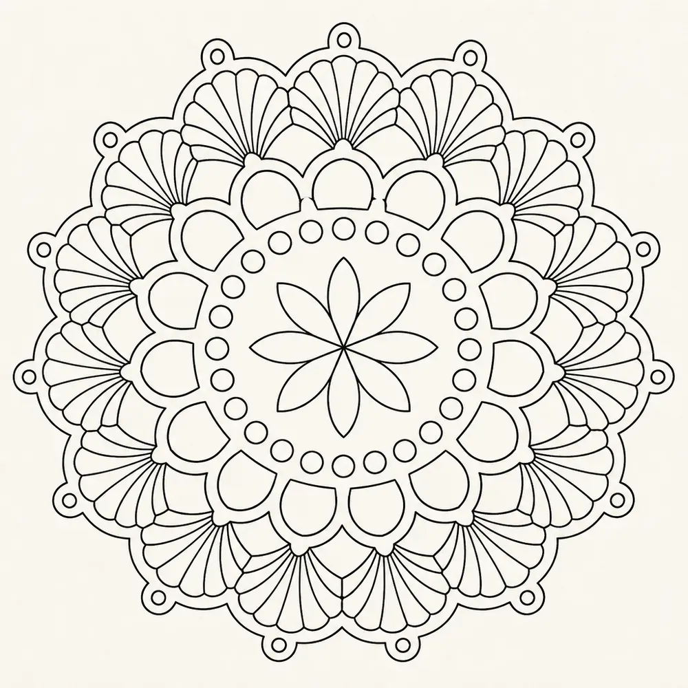A lace mandala like a doily: an eight-petalled flower in a ring of open circles, then rounded arches, fan-shaped scallops and a looped scalloped edge.