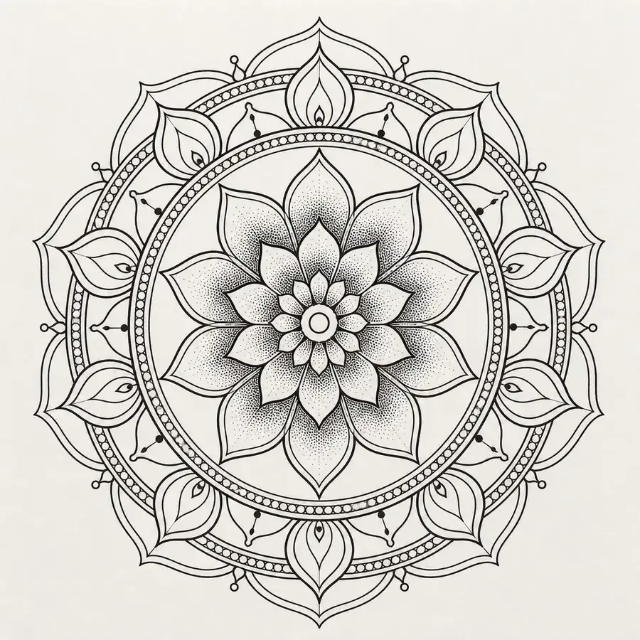 A round mandala with a stippled layered flower at its centre inside a beaded ring, circled by an outer ring of pointed petals tipped with small knobs.
