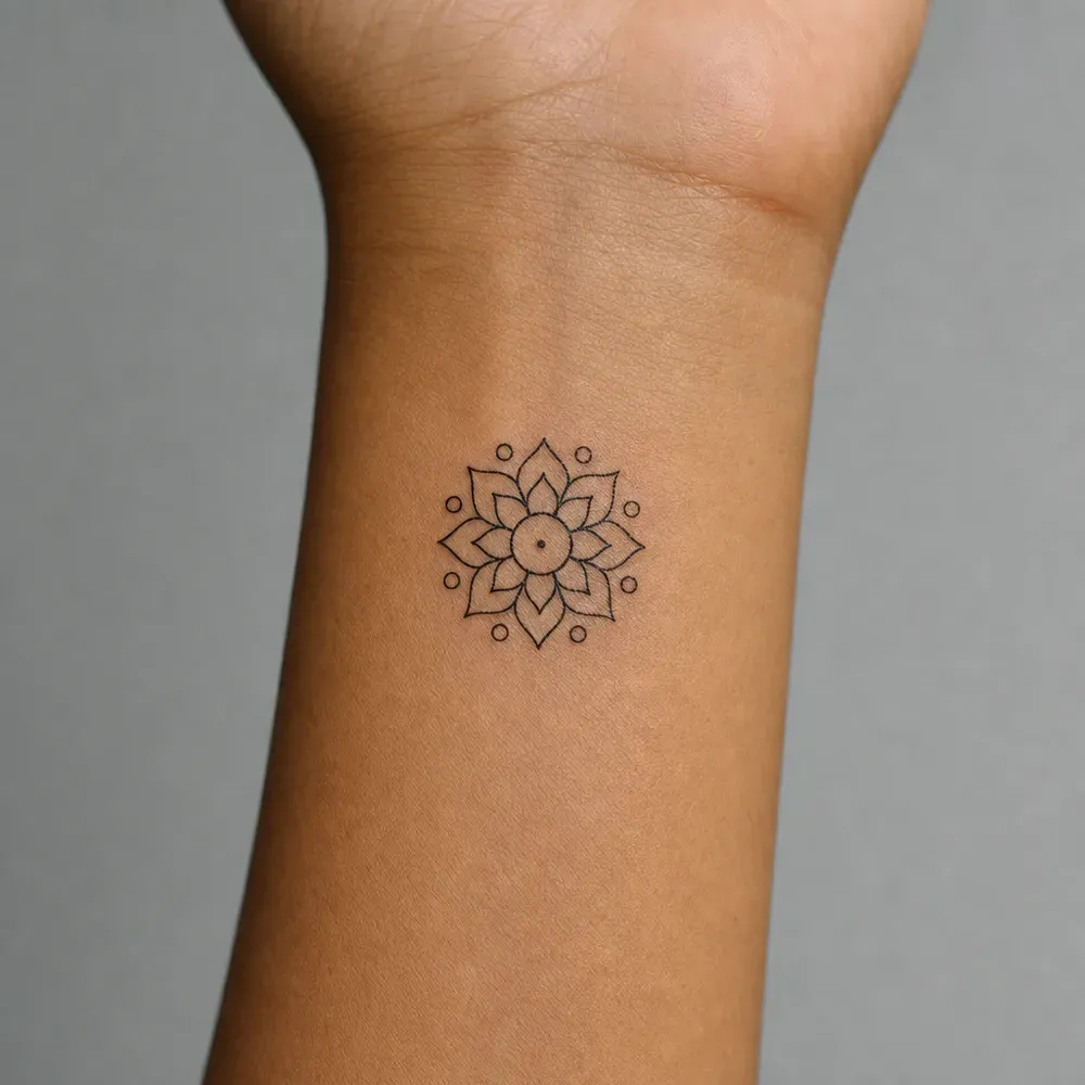 A tiny fine-line mandala of pointed petals ringed by eight small circles, tattooed on the inner wrist of warm tan skin.