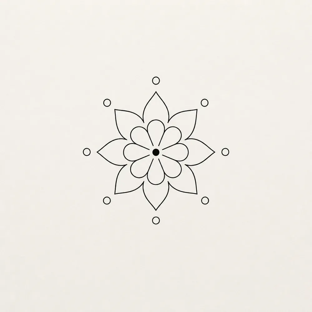 A tiny mandala of eight rounded petals inside eight pointed petals around a solid centre dot, with eight small open circles spaced around it.
