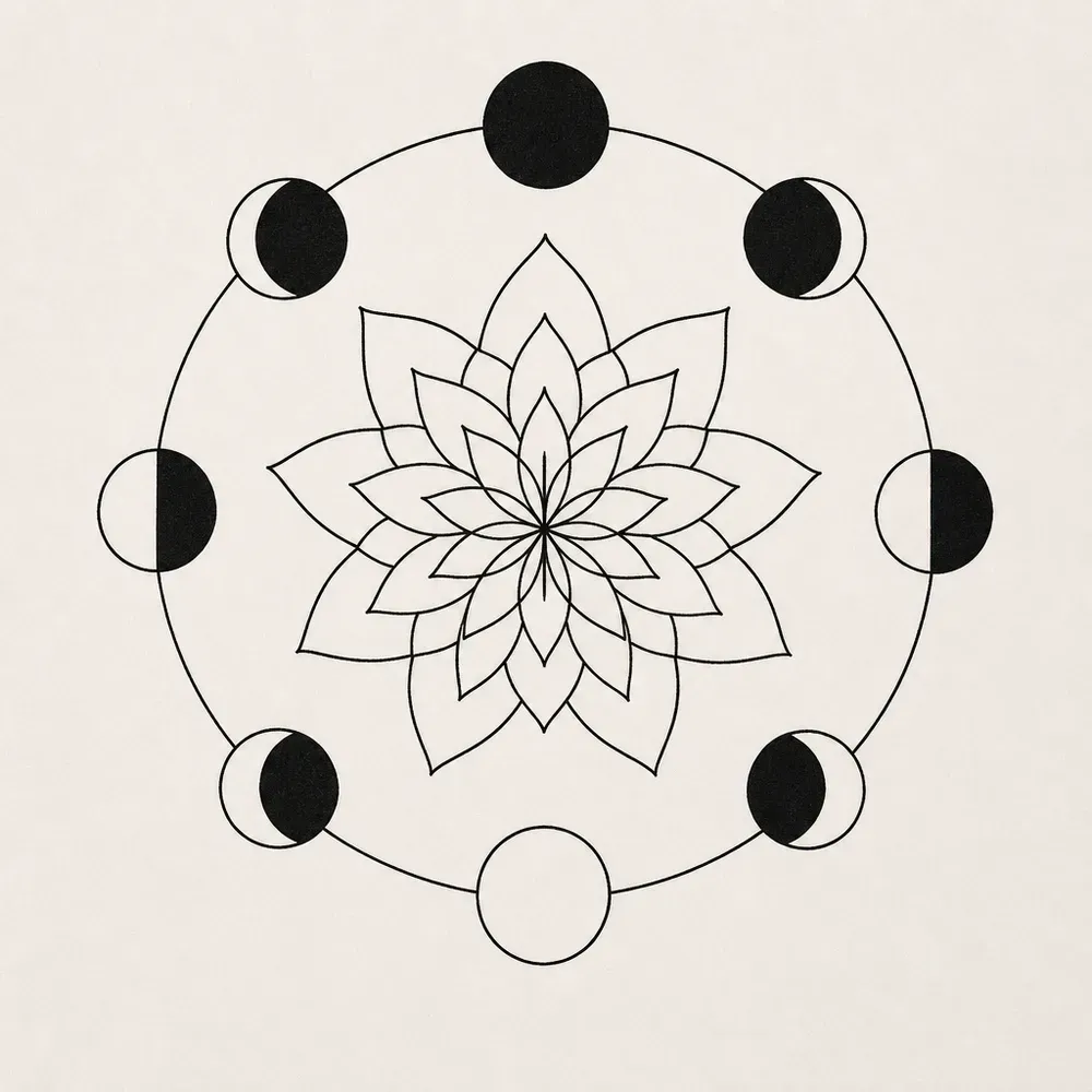 A thin circle carrying eight moon phases, from a solid black new moon to an open full moon, around a layered flower of pointed petals.