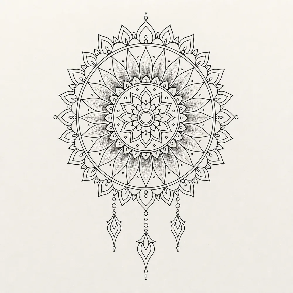 A round mandala of stippled pointed petals inside a scalloped outer ring, with three beaded pointed drops hanging from its lower edge, the middle one longest.