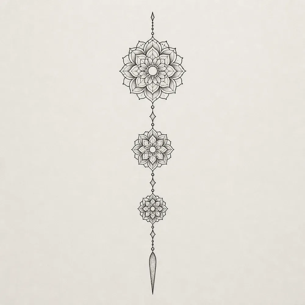 Three small round mandalas of shrinking size strung on a vertical line of beads and diamonds, ending in a long stippled pointed drop.