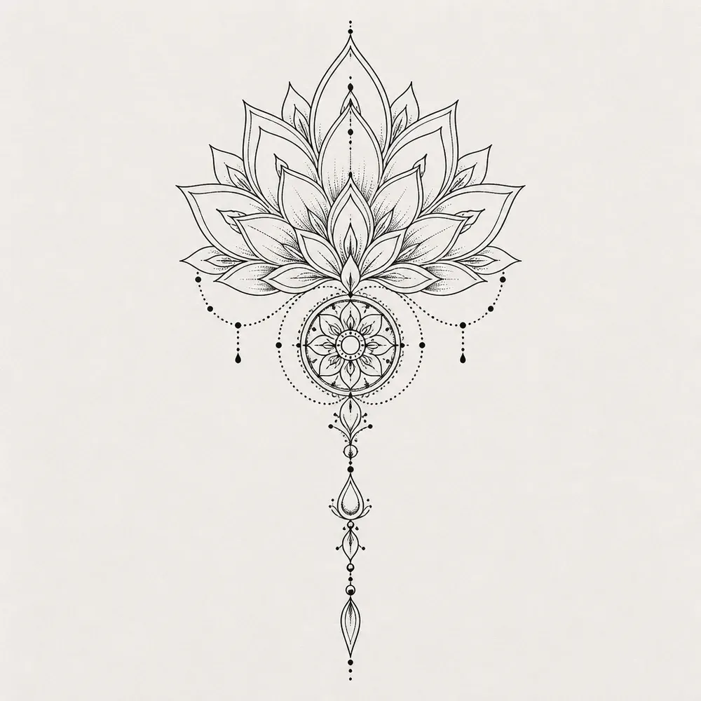 A fanned lotus of pointed petals above a small round mandala, with swags of dots at the sides and a chain of teardrops and beads hanging down the middle.