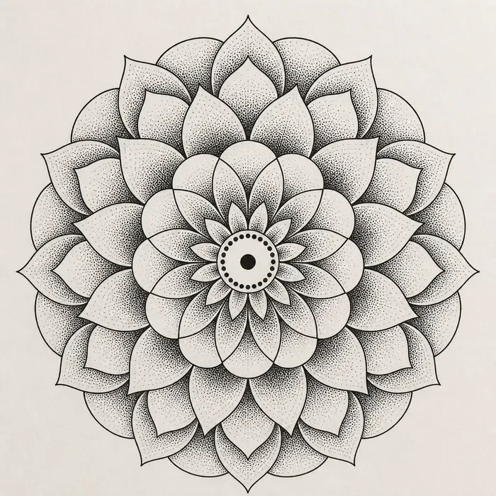 A dotwork mandala of layered rounded and pointed petals, each shaded in dense stipple at its base, around a solid dot in a ring of small dots.