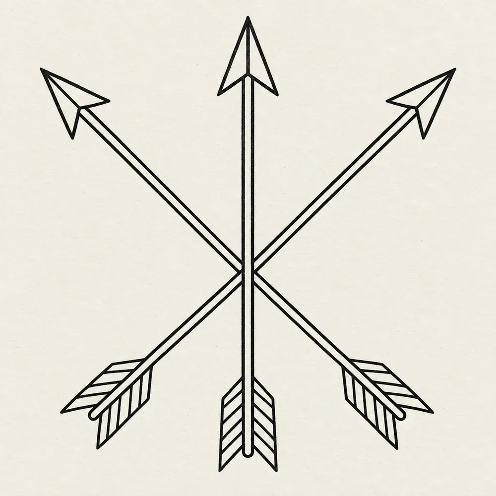 Three arrows crossed at their centres, with plain fletching and triangular heads.