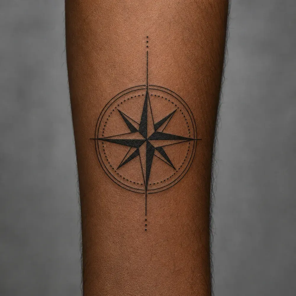 A fine-line compass rose inside a dotted double ring, tattooed on the outer forearm of deep brown Filipino skin.