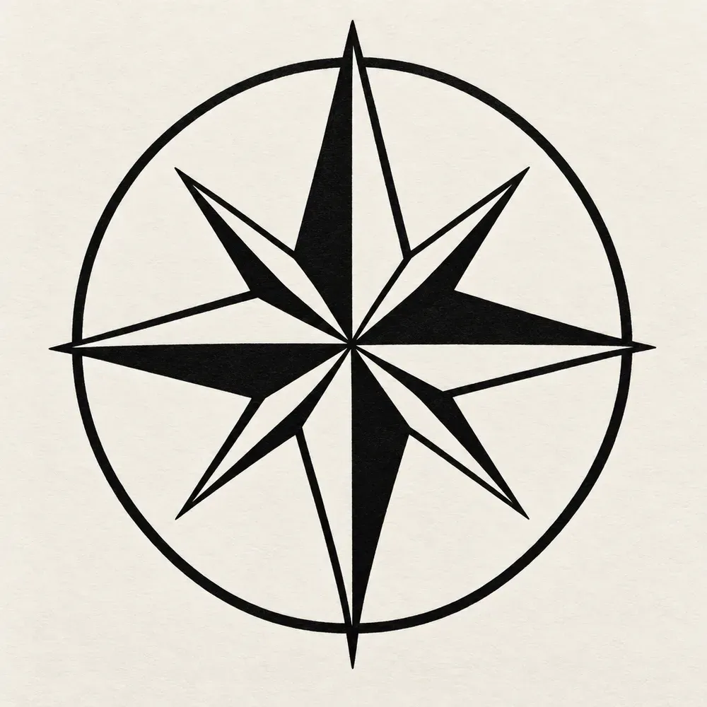 An eight-point compass rose in solid black inside a plain circle.