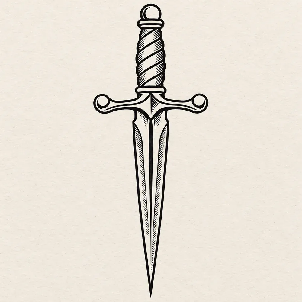 A dagger pointing downward with a straight blade, a plain crossguard and a wrapped handle.