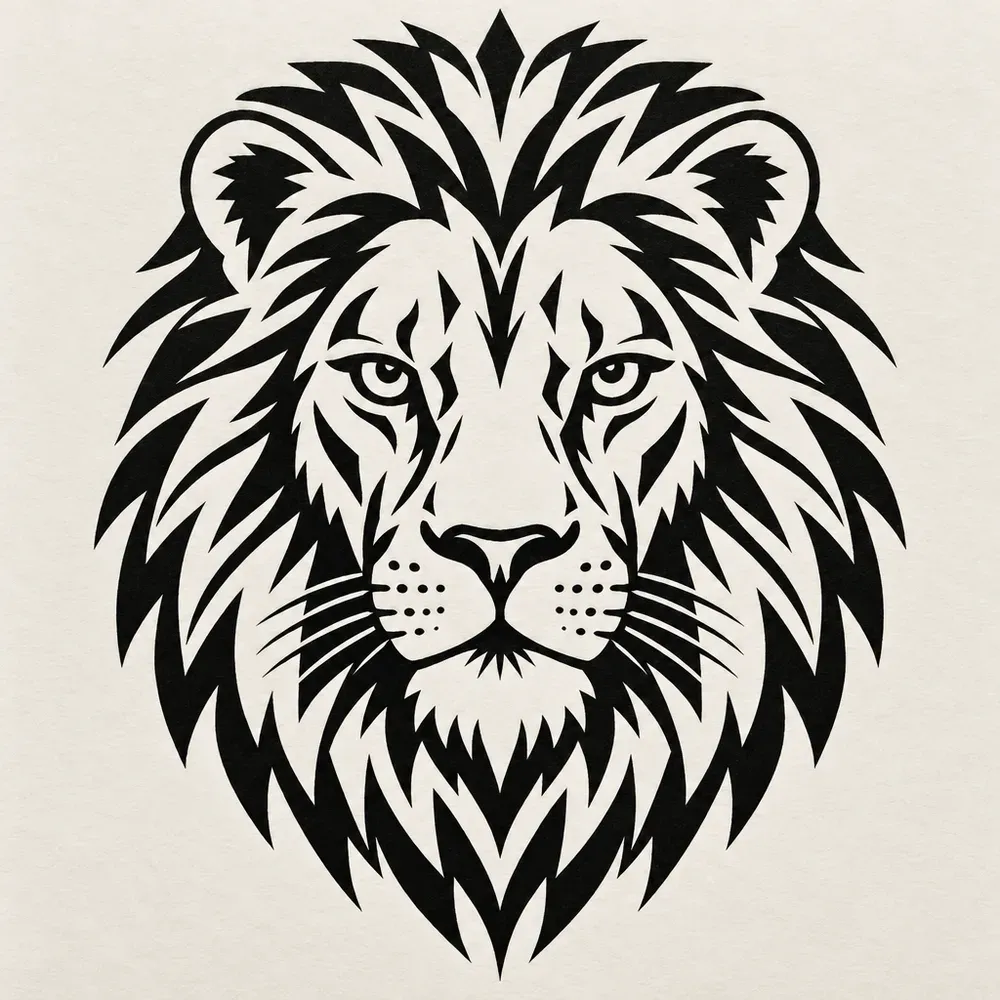 A lion's head facing forward with a heavy mane, in bold black and white blockwork.