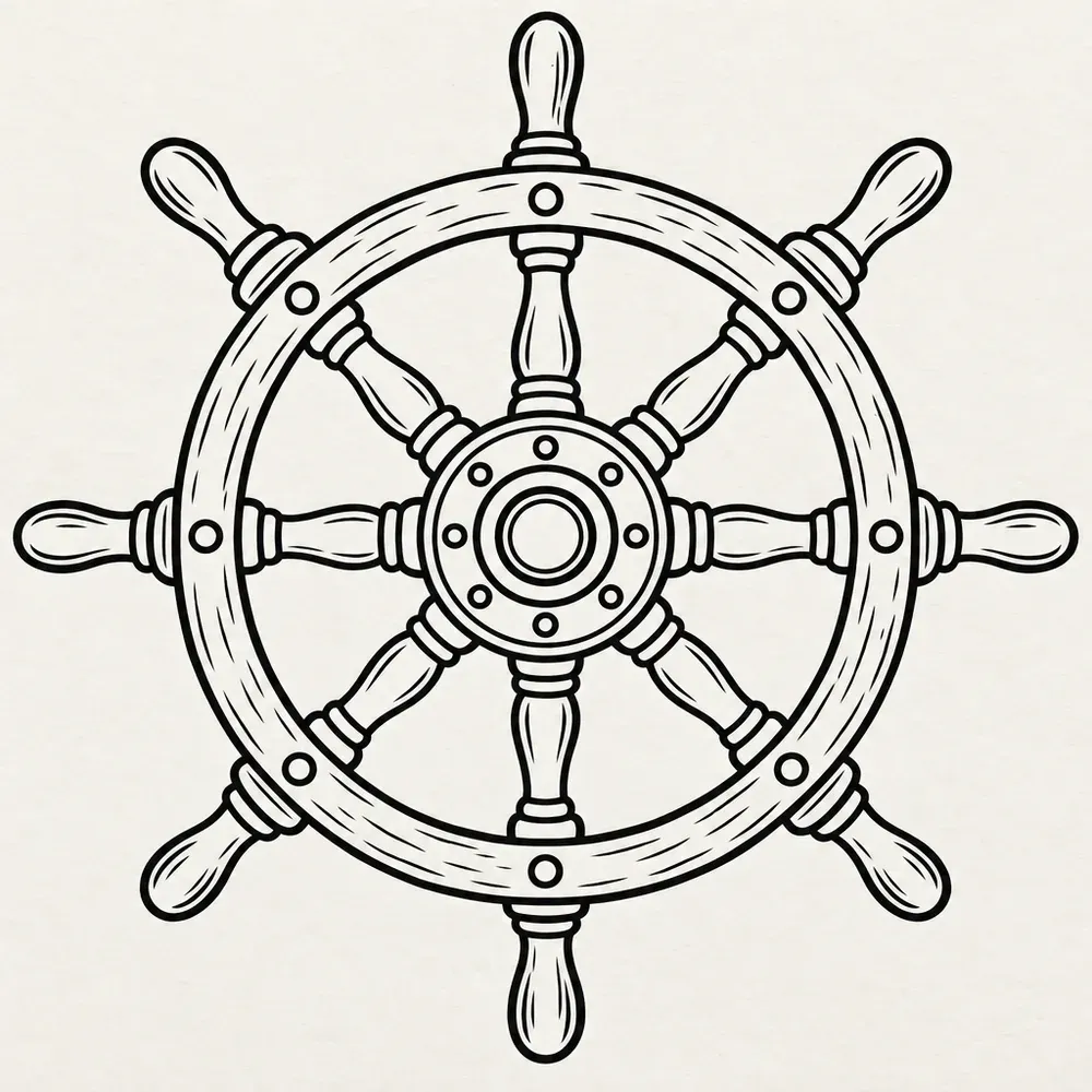 A ship's helm wheel seen head on, with eight spokes and eight handles.