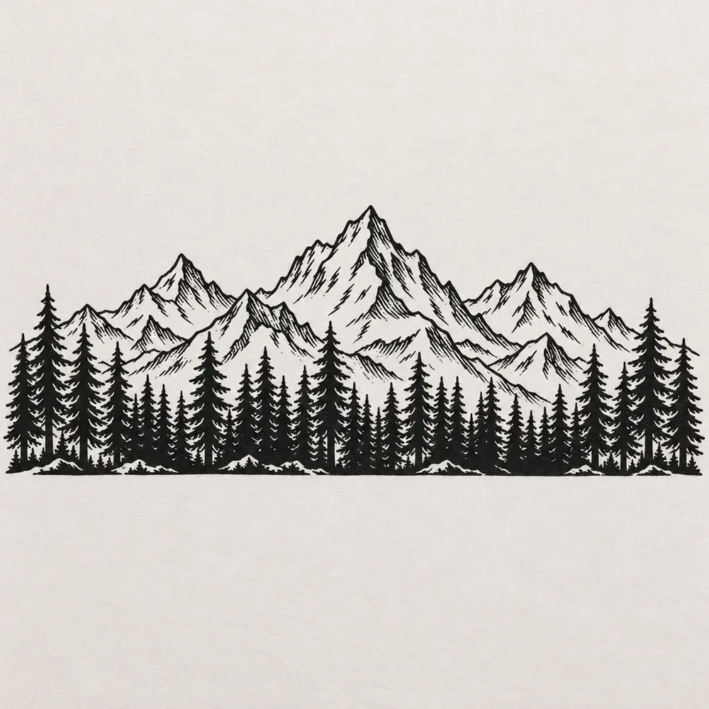 A band of pine trees with mountain peaks behind them, drawn as a continuous strip.
