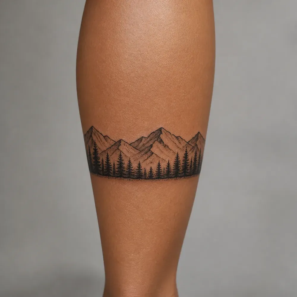 A pine treeline and mountain band tattooed around the calf of medium brown skin.