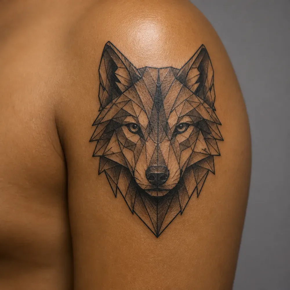 A geometric wolf head tattooed on the outer shoulder of medium brown skin.