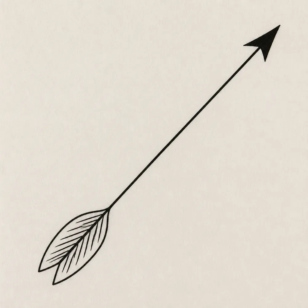 A slim arrow pointing up and to the right, with a solid triangular head and two leaf-shaped fletchings at the tail.