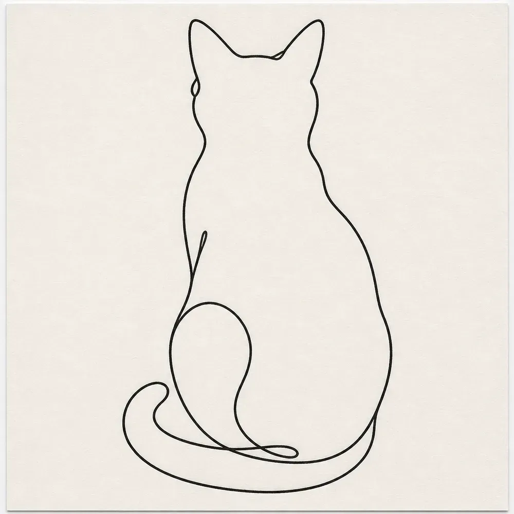 A sitting cat seen from behind, drawn as one continuous black line with pointed ears and its tail curled at its feet.
