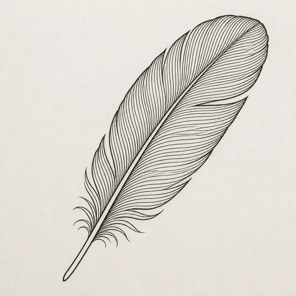 A single feather in fine black line, dense curved barbs either side of the quill and loose wisps at the base.