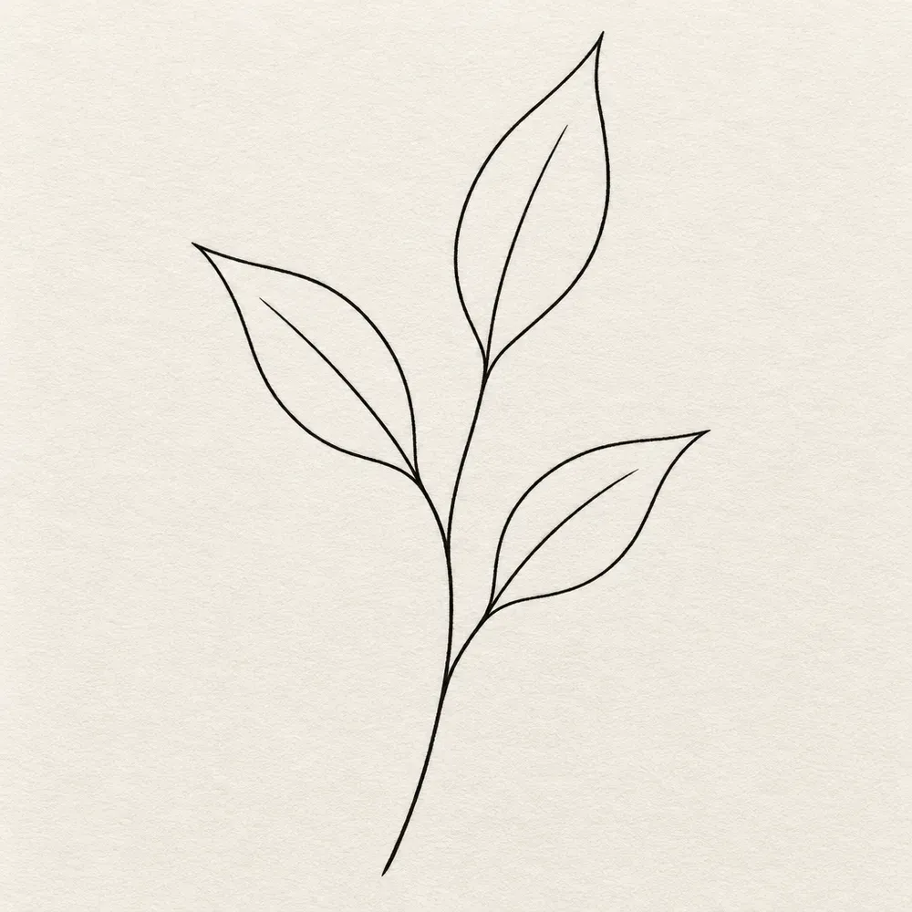 A sprig of four outlined leaves on a thin curving stem.