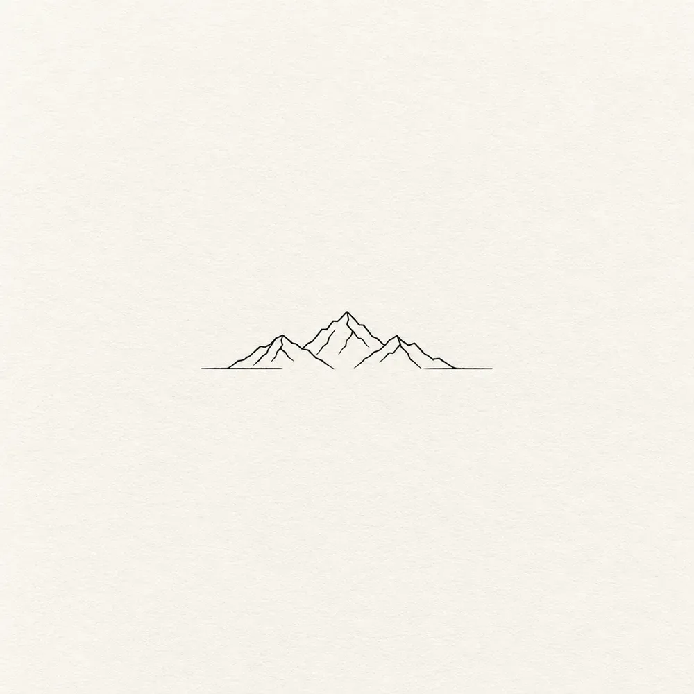 A range of three peaks drawn in thin black line above a straight horizon line.